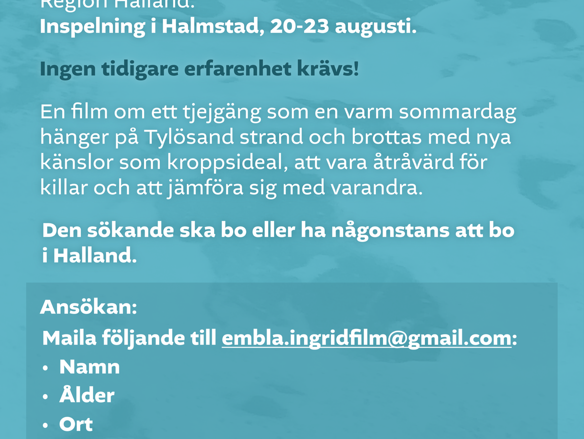 killar 14-17 år till biroller i kortfilmen "STRING". Insp 20-23 aug i Halland.