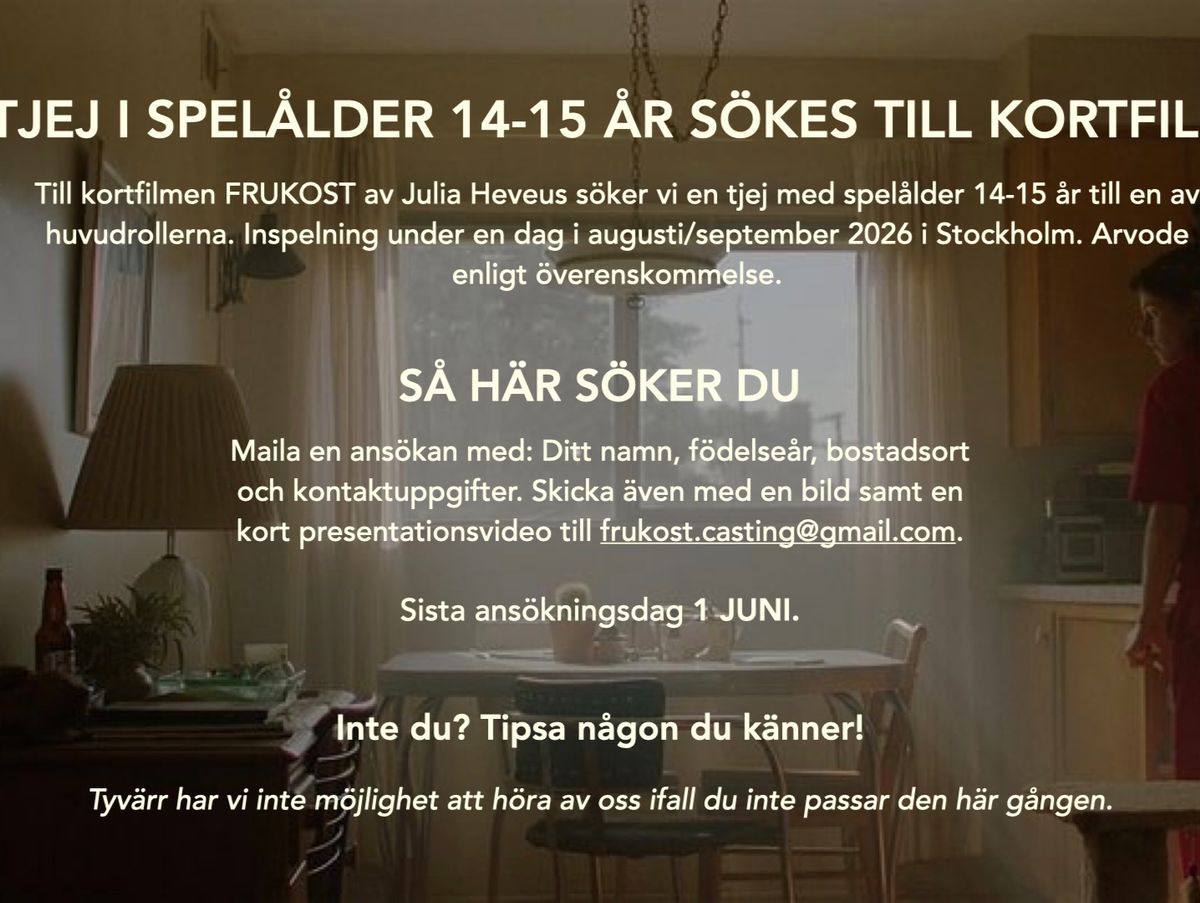 Tjej i spelålder 14-15 år sökes till huvudroll i kortfilm 