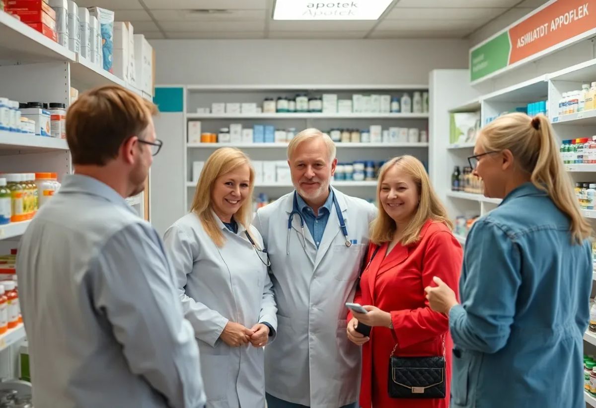 Fyra karaktärer i dräkter till reklam för apotekskedja