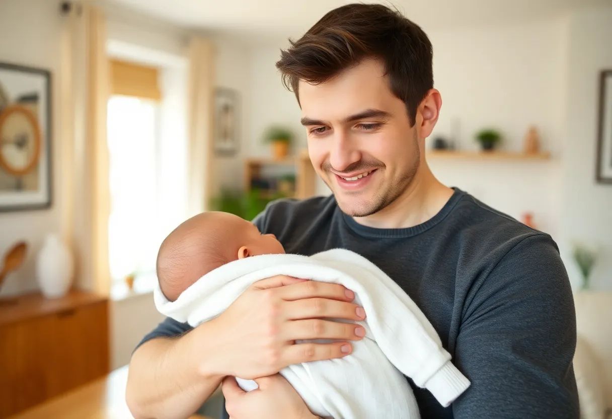 Pappa med liten bebis till reklamfilm för vårdgivare