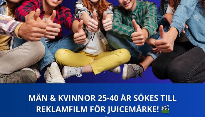 Män och kvinnor 25-40 år sökes till reklamfilm för juicemärke 30 000 :-