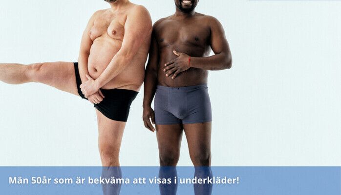 Män 50-60 år som är bekväma att visas i underkläder för reklamfilm för ICA