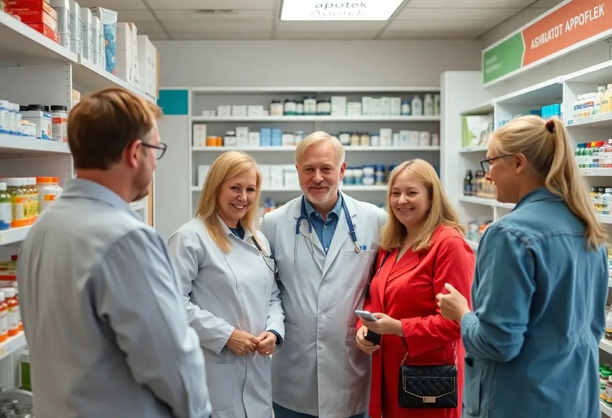 Fyra karaktärer i dräkter till reklam för apotekskedja
